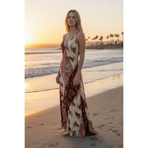 Sincerely Jules Burgundy and Cream Floral Maxi Dress